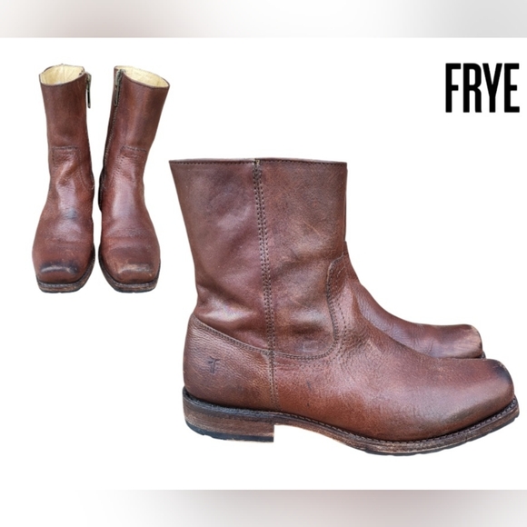 FRYE Square Toe Biker Heath Burnish Brown Leather Zip Short Calf Boot Men 10.5 - Picture 16 of 16